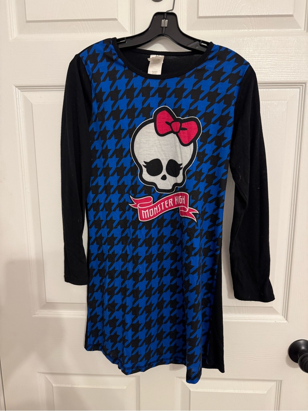 monster high Blue and Black Houndstooth Skull Long Sleeve Top with Pink Bow